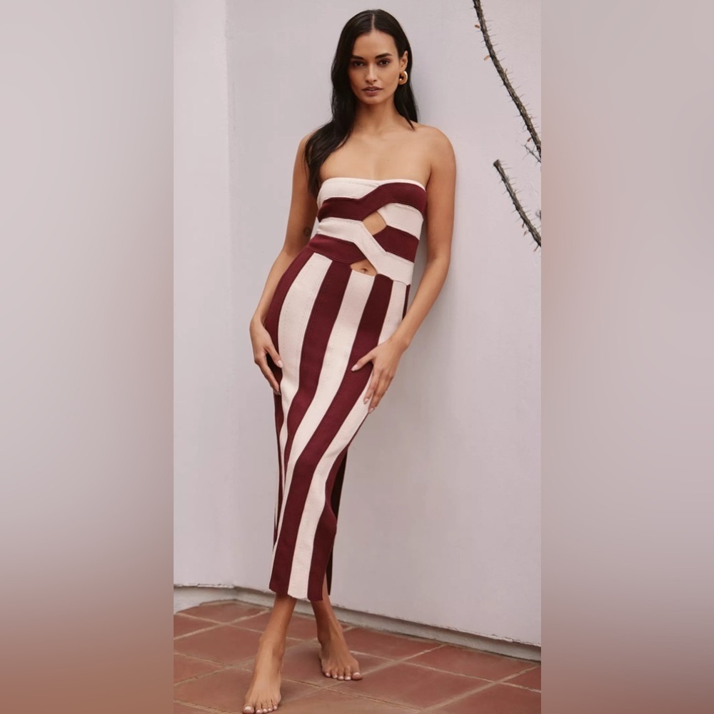 Anthropologie Strapless Midi Dress in Burgundy and Cream